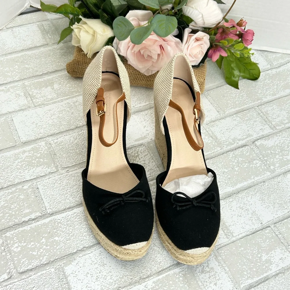Black and Cream Ankle-Strap Espadrille Flats